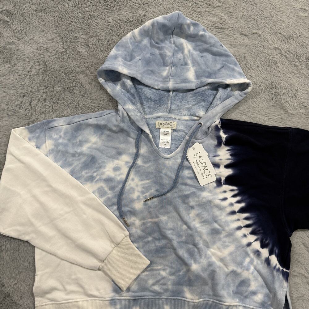 LSpace Hoodie Women Small Blue White Navy Tie Dye Cotton Softshell Pullover NWT
